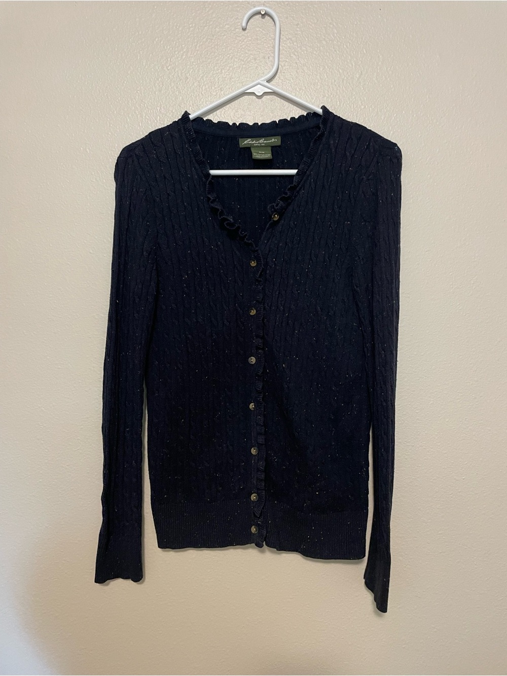 Eddie Bauer Navy Ruffle-Trim Cable Knit Cardigan
